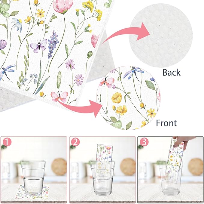 Swedish Dishcloths for Kitchen, 6PCS Wildflower Cellulose Sponge Reusable Paper Towels Washable, Flower Absorbent Fast Drying Swedish Dish Cloth for Home Cleaning