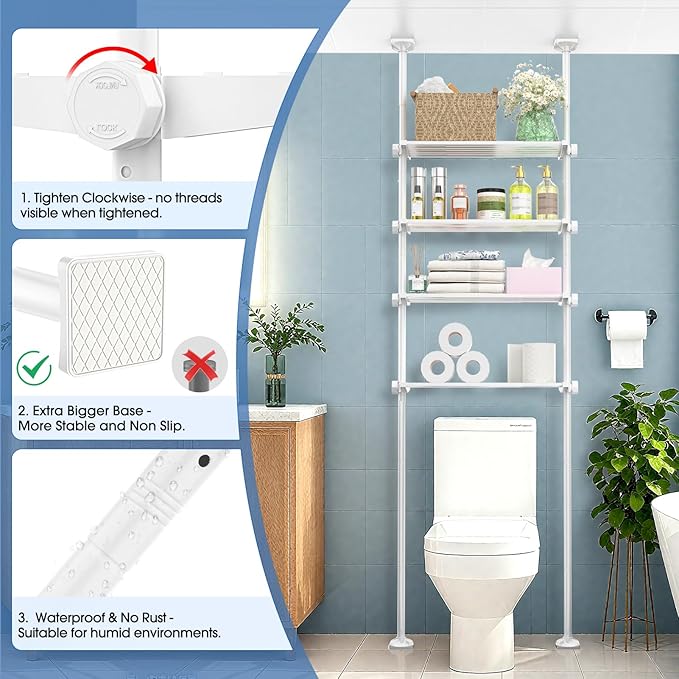 Over The Toilet Storage Shelf, 4-Tier Adjustable Over Toilet Bathroom Organizer,Tension-Mounted Bathroom Storage Rack for Ceilings, No Drill Space-Saving Shelving for Small Rooms,White