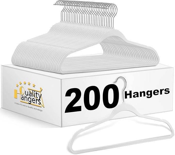 Quality Hangers 200 Pack Non-Velvet Plastic Hangers for Clothes - Heavy Duty Coat Hanger Set - Space-Saving Closet with Chrome Swivel Hook, Functional Non-Flocked Hangers - Cream White