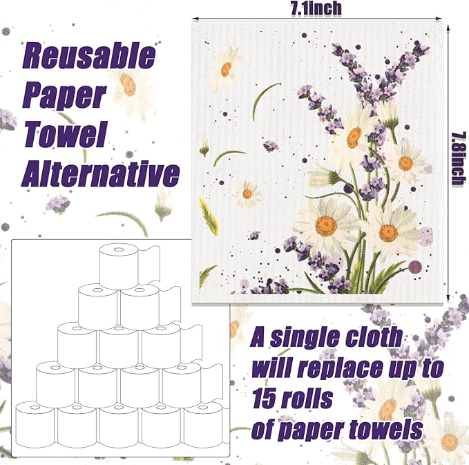 12 Pcs Swedish Kitchen Dish Towels Kitchen Cloths Reusable Sponge Cleaning Cloths Absorbent Dish Cloth Quick Drying Washable Cleaning Wipes No Odor Hand Towel (Wildflowers)