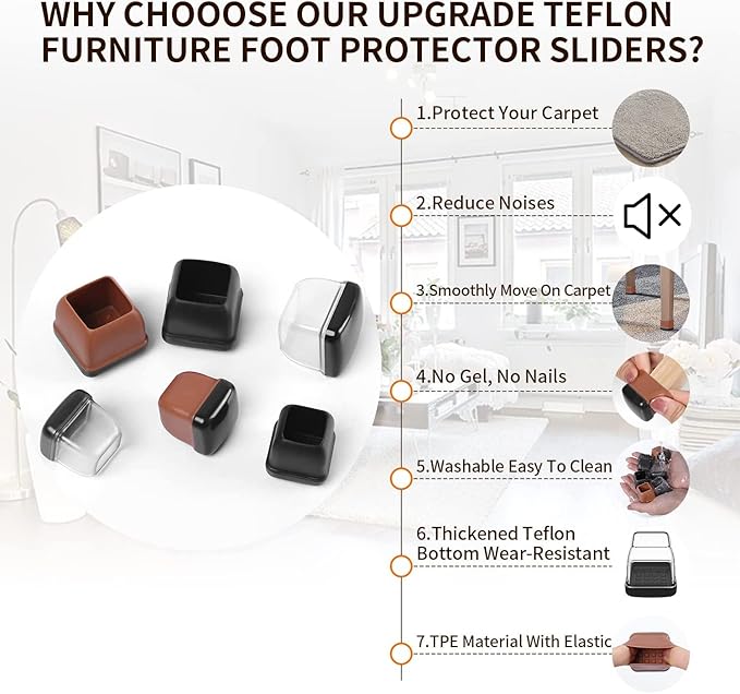 Ezprotekt Chair Leg Sliders for Carpet, 24 Pcs Square Chair Glides for Carpet, Carpet Furniture Pads Stool Leg Protectors Caps, Carpet Furniture Glides Quickly and Easily (L Fit:1" - 1.4")
