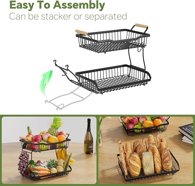 Simple Trending Fruit Basket 2-Tier Detachable, with Banana Hangers & Rust-Proof Metal Mesh, Ventilated Kitchen Organizer for Countertop, Perfect for Fruits, Vegetables, Snacks Storage