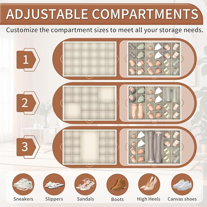 Shoe Organizer for Closet, Shoe Storage Organizer with Wheels and Adjustable Dividers, Stackable Shoe Storage Box with Clear Cover, Foldable Closet Shoe Organizer Fits up to 24-48 Pairs, Beige