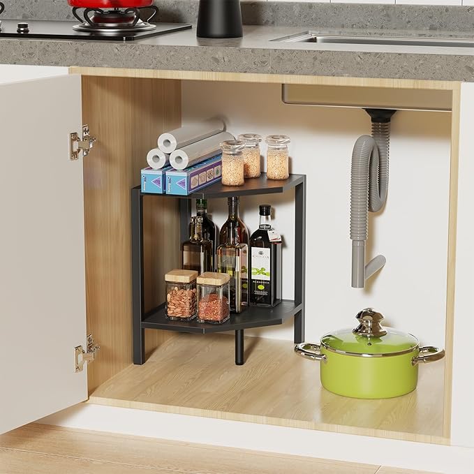 Corner Shelf Stand, 2 Tier Industrial Corner Bookshelf, Multipurpose Standing Corner Display Shelf Countertop Organizer for Living Room Kitchen Bedroom Office, Black