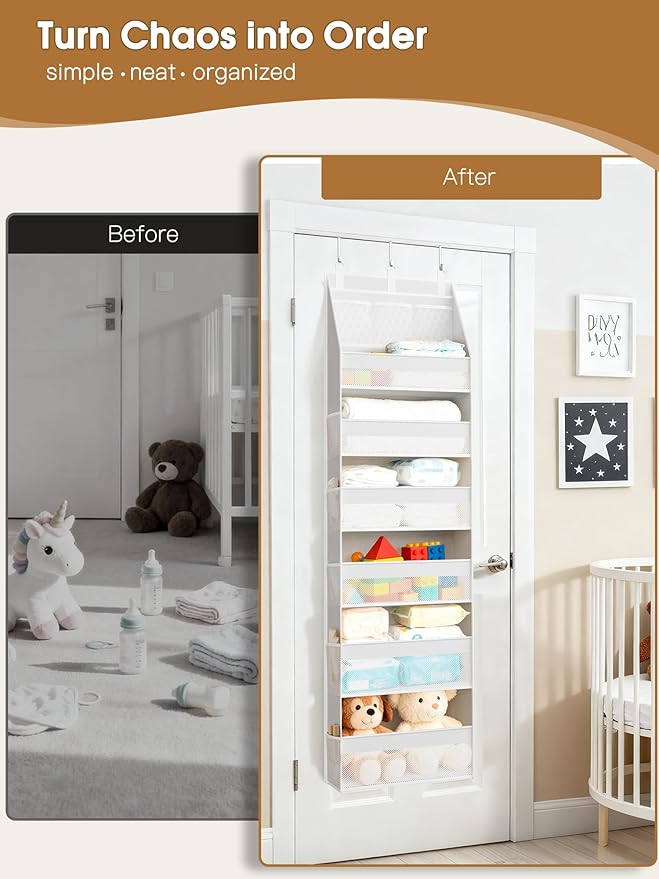 Criusia 2 Pack Over the Door Organizer, Heavy-Duty 6-Shelf Hanging Storage with 13 Mesh Pockets, 55lbs Capacity Behind the Door Storage for Nursery, Bathroom, Bedroom, and Dorm, White