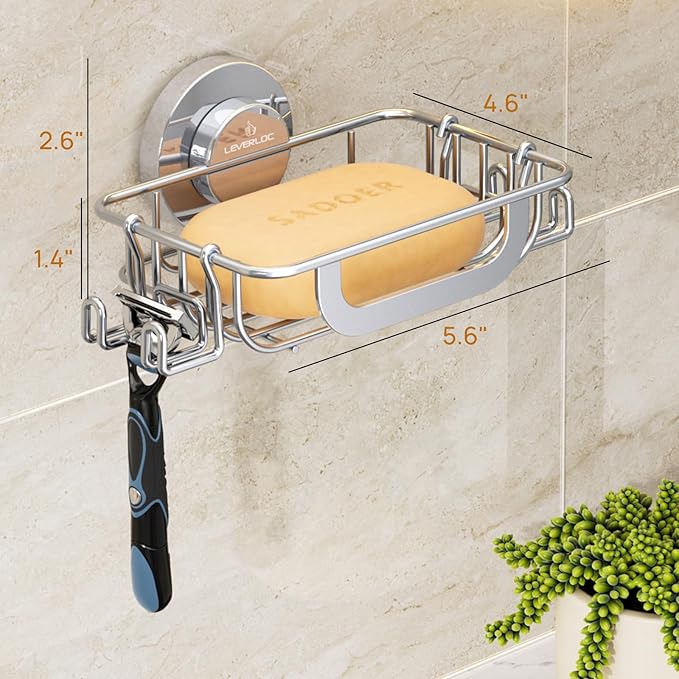 LEVERLOC Soap Holder Shower with Hooks, Bar Suction Cup Soap Dish Tray for Wall, Rust-Proof Stainless Steel Sponge Caddy for Bathroom Accessories Organizer Bathtub Kitchen Sink, Silver