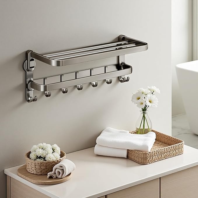 Aluminum Alloy Suction Cup Towel Rack, Bathroom Storage Shelf, No-Drill Mounting (Medium)
