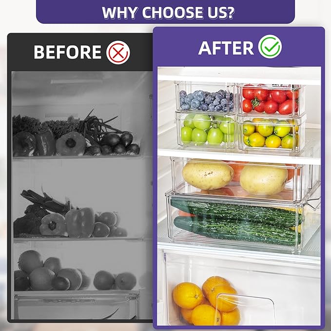 7 Pack Stackable Fridge Organizer Bins with Lids KitchenClear Acrylic Kitchen Refrigerator Organizers and Storage, Dripping Hole Design to Keep Food Fruit Vegetable Fresh for Freezer, Pantry