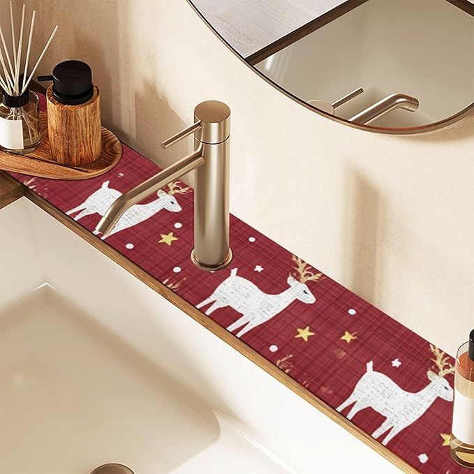 Kitchen Sink Splash Guard 2 PCS 14.7 Inch Sink Faucet Mat Splash Guard for Bathroom Countertop Water Absorbent Foldable Cuttable Soft Washable Red Christmas Reindeer Star Dots
