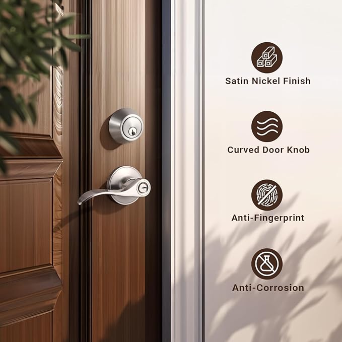 Knobonly 1 Set Entry Door Lever and Deadbolt Lock Set, Deadbolts Keyed Both Sides, All Keyed Same, Wave Style Front and Exterior Door Handleset with Double Cylinder, Satin Nickel Finish
