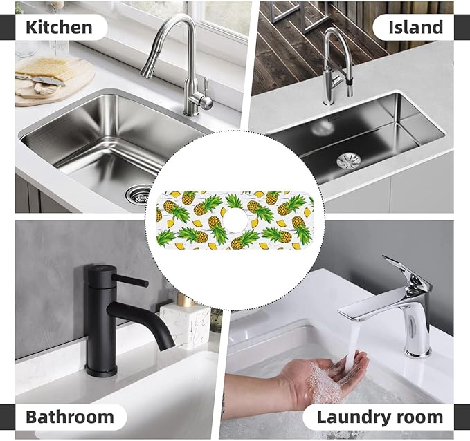 Pineapple Summer Pineapples Kitchen Sink Splash Guard Faucet Mat Super Absorbent Fast Drying Mat Sink Gadgets-Fast Drying Pad Sink Mat For Kitchen Bathroom (15" X 5.5" )