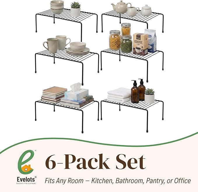 Evelots Kitchen Cabinet Wire Shelf Organizer/Rack - 6 Pack Sturdy Metal Shelf Risers - Double Your Counter Space - Great for Kitchen, Freezer, Pantry and Bathroom - Rustproof - Black