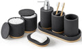 7PCS Bathroom Accessories Set, with Soap Dispenser, Q-tip Holder, Toothbrush Holder, Tumbler, Soap Dish, Vanity Tray, Complete Bathroom Accessory Set Organizer Countertop for Modern Home Decor, Black