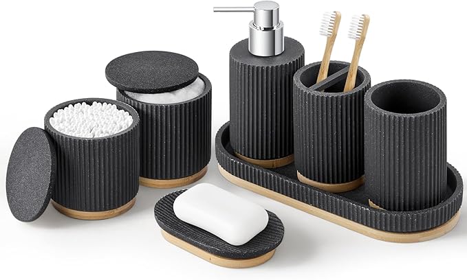 7PCS Bathroom Accessories Set, with Soap Dispenser, Q-tip Holder, Toothbrush Holder, Tumbler, Soap Dish, Vanity Tray, Complete Bathroom Accessory Set Organizer Countertop for Modern Home Decor, Black