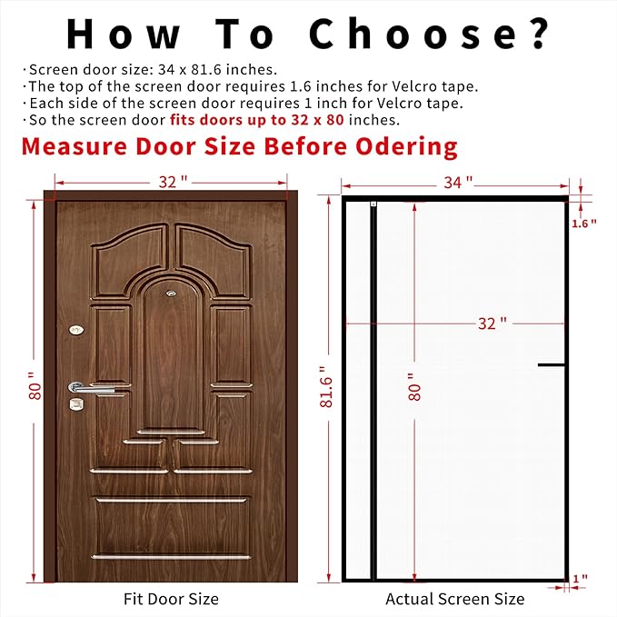 Reversible Left Right Side Opening Screen Door Mesh Magnetic Closure Heavy Duty, Self Closing Fiberglass Bug Net with Magnet for Sliding Doors & Doorway, Pet Friendly, 32 x 80 inch