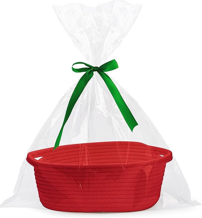 Pro Goleem Small Woven Basket with Gift Bags and Ribbons Durable Baskets for Gifts Empty Small Rope Basket for Storage 12"X 8" X 5" Baby Toy Basket with Handles, Red