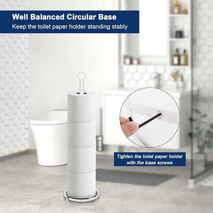 NearMoon Bath Toilet Paper Holder Stand, Freestanding Tissue Paper Storage with Reserve, Space Toilet 4 Rolls Holder for Bathroom/Kitchen Countertop-All Metal (1 Pack, White)