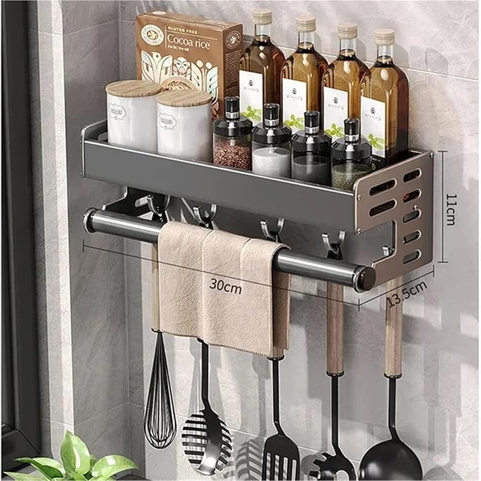 Kitchen Utensil Rack Wall Mounted, Spice Storage Rack, Hanging Storage Rack with Hooks, Cutlery Knife Holder for Knife Spoon Fork Chopsticks Towel (Black)