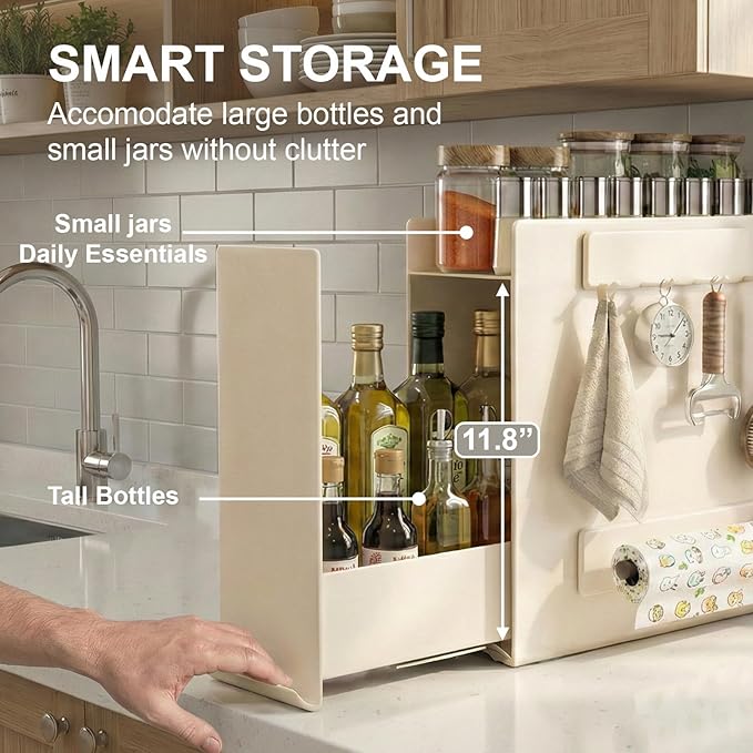 2 Tier No Assembly Pull Out Spice Rack Countertop, Sliding Drawer Seasoning Condiments for Tall Bottles, Steel Kitchen Countertop Organizer with Magnetic Panels with Paper Towel Holder and 4 Hooks