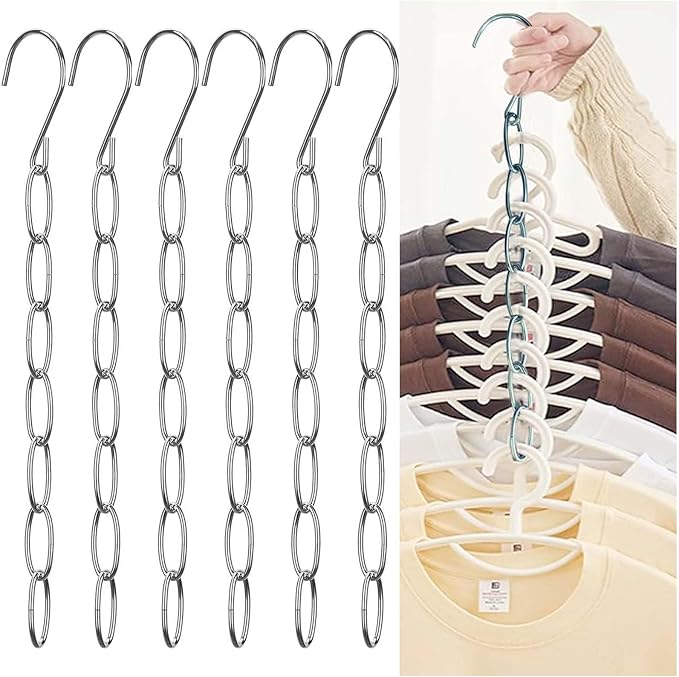 Space Saving Hanger, 6 Pack, Hanging Closet Organizer Metal Hanging Chains Hooks for Clothes Hangers, Home RV Office Travel Hangers, Small Space Solutions for College Dorm Essentials