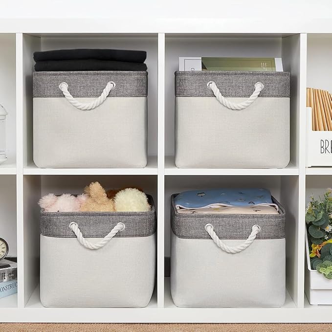 Sacyic Organization and Storage Basket for Organizing - Large 4 Pack 16x12x8 inch Fabric Storage Cube Collapsible Baskets for Shelves, Storage Bins for Cloth Books (Grey & White)