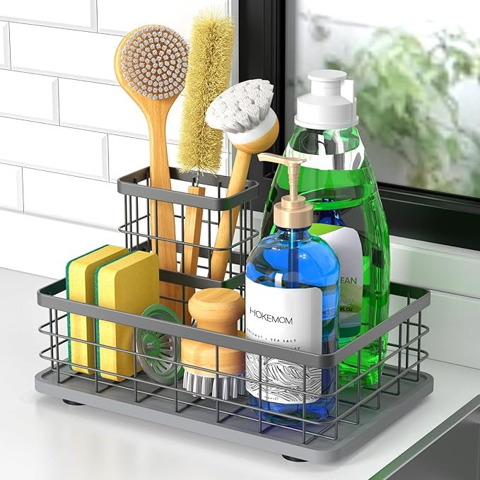EXTRA LARGE Kitchen Sink Caddy Organizer, [FLEXIBLE PLACEMENT & FAST-DRYING] Sponge Holder for Kitchen Sink Countertop,Stainless Steel with Rust-Resistant Coating-10.24" L x 6.5" W x 5.83" H