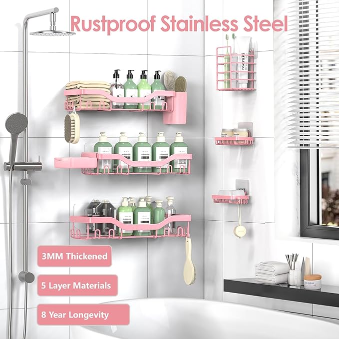 Shower Caddy Adhesive Shower Organizer 8-Pack, Rustproof Stainless Steel Bathroom Shelves, Large Capacity No-Drill Rack Storage Accessories with Soap Dish Toothbrush Holder Hooks