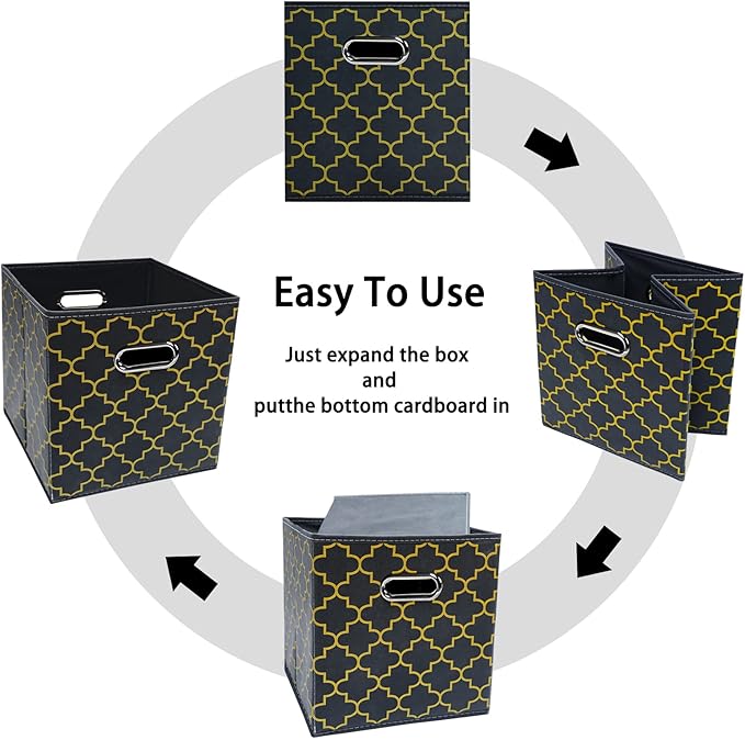 Black Foldable Storage Cubes Bins , Fabric Storage Box Cubes Organizer Baskets with Dual Handles for Home Organizer Grey Gold