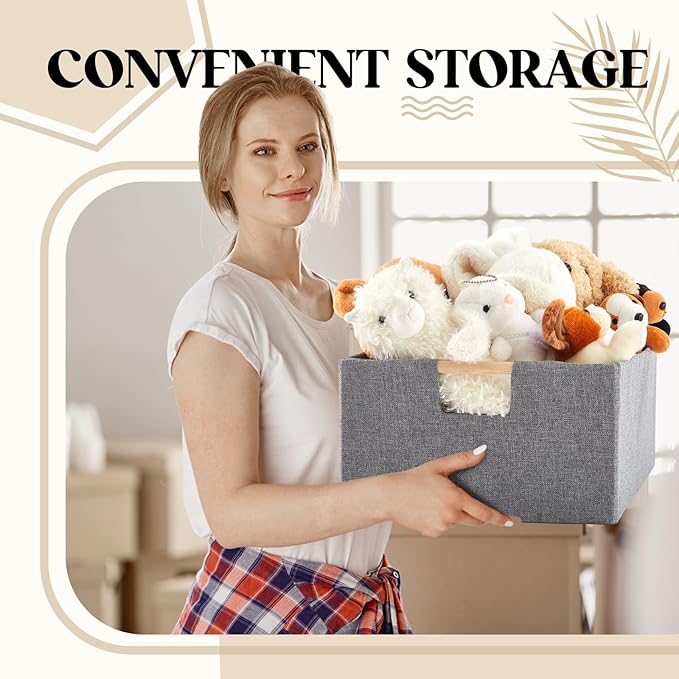 3 Pack Fabric Storage Bins for Closet Shelves, Rectangle Wardrobe Organizer with Handle, Collapsible Shelves Storage Basket for Sorting Clothes and Toy (Grey,15 x 10.6 x 6 Inch)