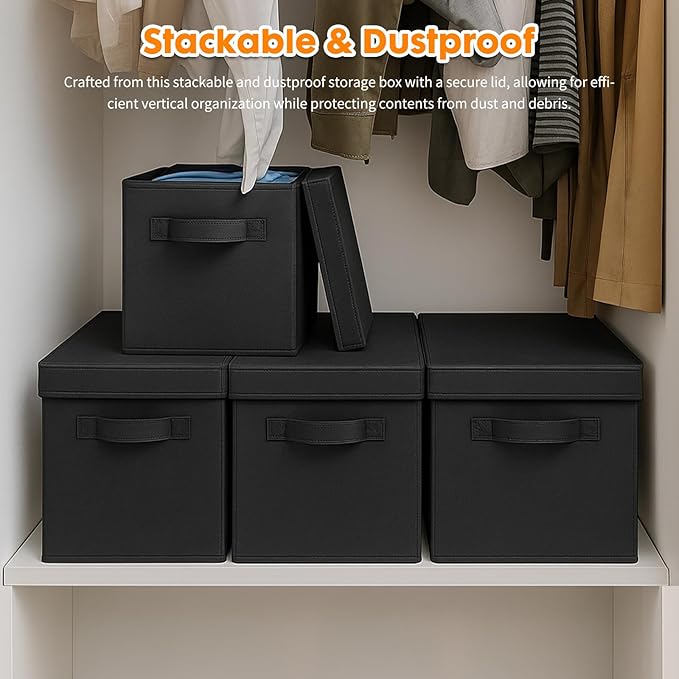ShellKingdom Storage Bins, Foldable Fabric Storage Cubes with Lid, Clothes Storage Organizer Drawer For Closet Toys Storage, 13 X 13 X 13 INCH, 2 Pack (Black)