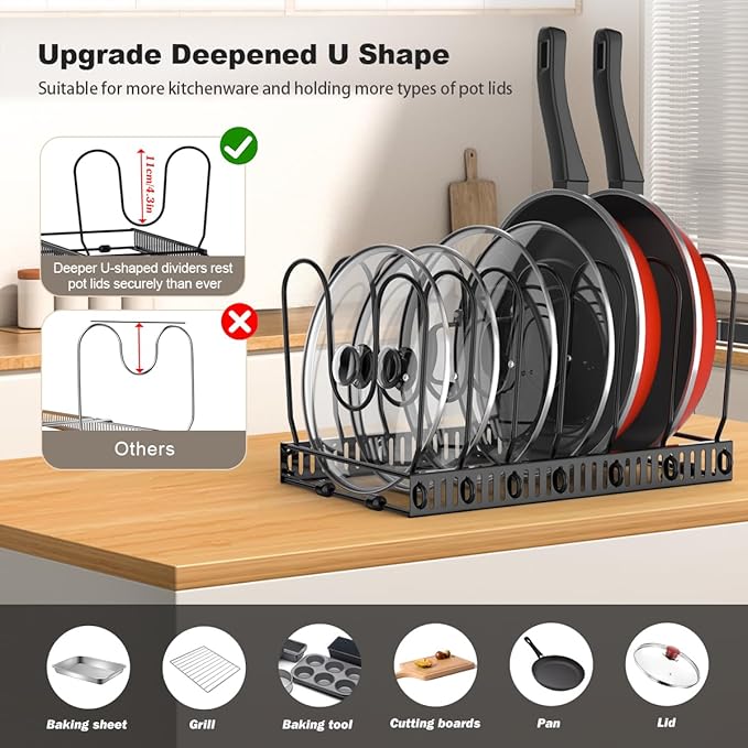 Housolution Pot and Pan Organizer Rack for Cabinet, Pot Lid Organizer with 7 Adjustable Dividers, Pan Holder Storage Rack for Kitchen Cabinet, Black