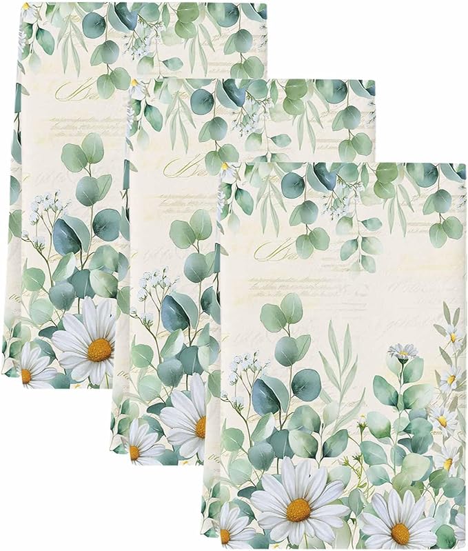 Kitchen Towels Set of 3, Green Eucalyptus Leaves Soft Microfiber Dish Towels, Daisy Summer Botanical Farmhouse Absorbent Quick-Dry Washable Dishcloths for Kitchen Cleaning, Drying Dishes, 18x28 Inches