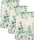 Kitchen Towels Set of 3, Green Eucalyptus Leaves Soft Microfiber Dish Towels, Daisy Summer Botanical Farmhouse Absorbent Quick-Dry Washable Dishcloths for Kitchen Cleaning, Drying Dishes, 18x28 Inches