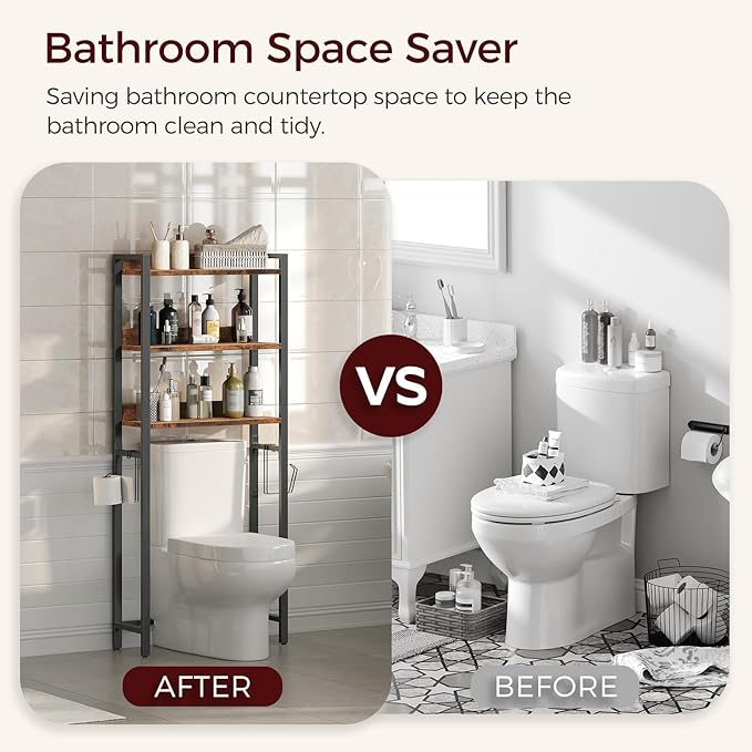 Over The Toilet Storage Rack, 3 Tier Bathroom Organizer Over Toilet, Freestanding Space Saver Toilet Stand with 2 Hooks, Bathroom Storage Shelf, Easy to Assemble, Rustic Brown TSHR6001