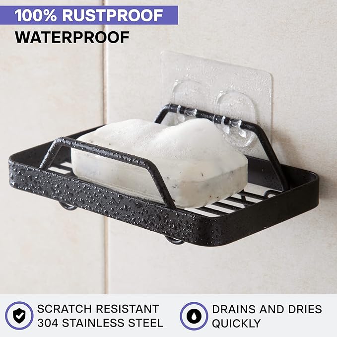 KINCMAX Premium Adhesive Soap Holder for Shower Wall - Drill Free Bar Soap Dish for Bathroom Storage - Stainless Steel Shower Soap Caddy w/Adhesive Sticker (Black)