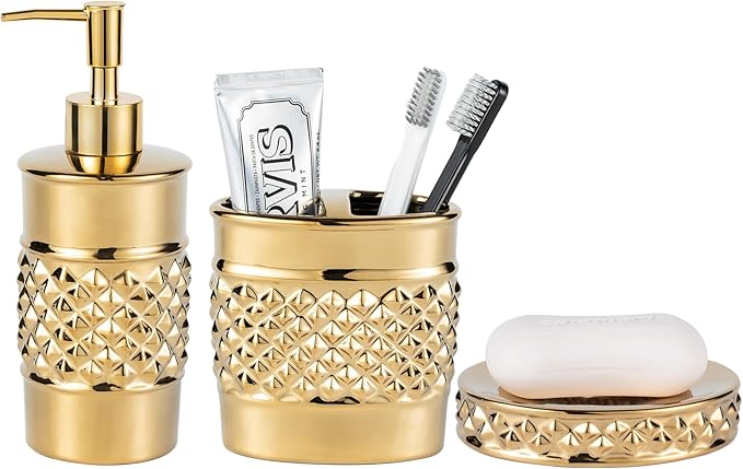 3-Piece Gold Ceramic Bathroom Accessories Set - Luxurious Soap Dispenser, Toothbrush Holder & Soap Dish with Modern Geo Embossed Design for Bathroom Accessory Set