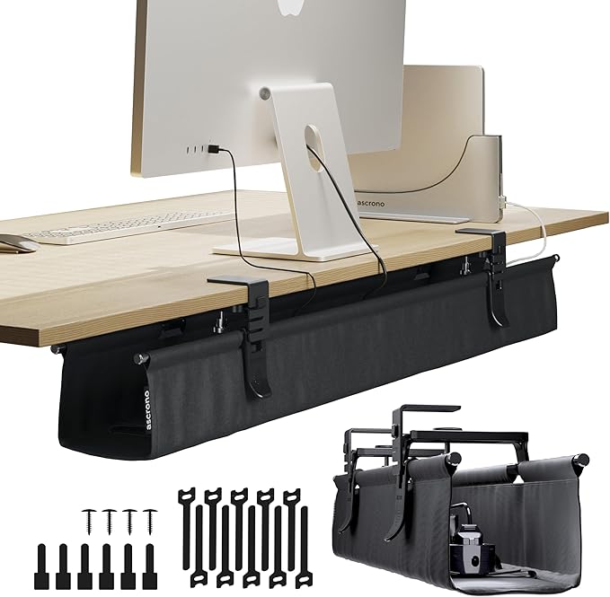 Ascrono Original No Drill Under Desk Cable Management Tray 40.6" - Premium Black Fabric Cable Management Under Desk - Clamp/Screw Mount Cord Organizer - Supports Upto 66lbs - Large