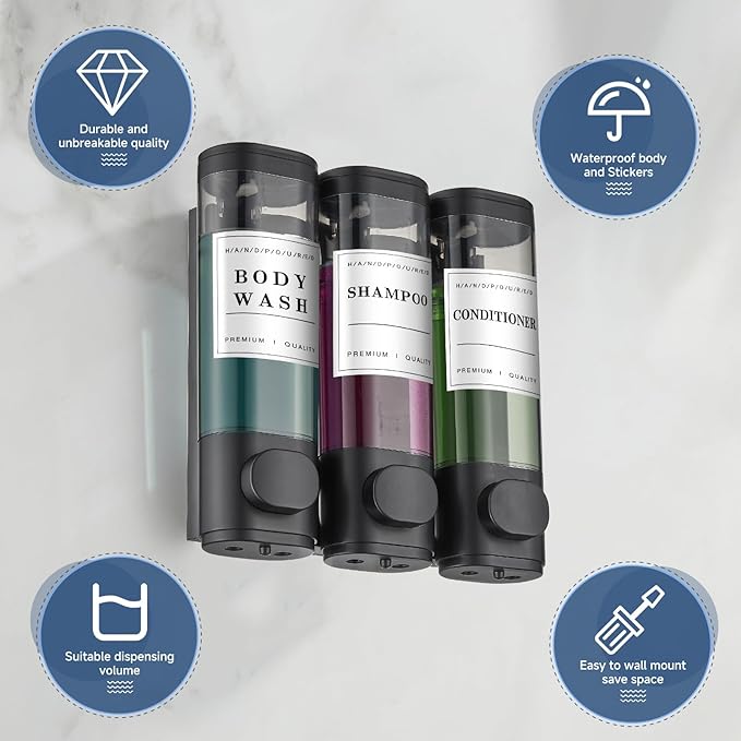 Shower Soap Dispenser Wall Mounted No Drill Shampoo Dispenser for Shower Wall Shampoo and Conditioner Dispenser Bathroom Hotel 3 * 300ml Black with Waterproof Labels