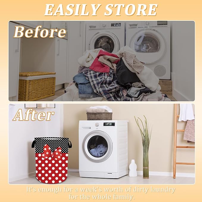 Black Red Polka Dot Laundry Basket, Cute Bow Tie Laundry Hamper Foldable Waterproof Funny Tote Bag Dirty Clothes Storage Bucket Toy Organizer for Bathroom/Laundry/Bedroom 15.7"x19.6"