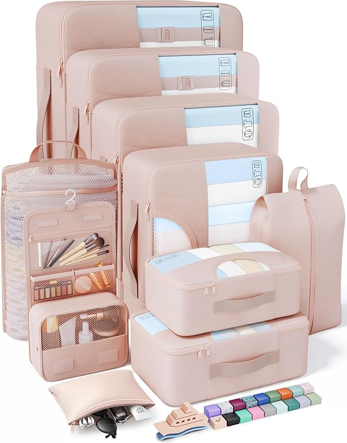 Veken 10 Set Packing Cubes for Travel, Beach Vacation Essentials Accessories for Cruise Ship, Suitcase Organizer Bags for Luggage with Hanging Toiletry & Shoe Bag, Birthday Gifts for Women Mom Her