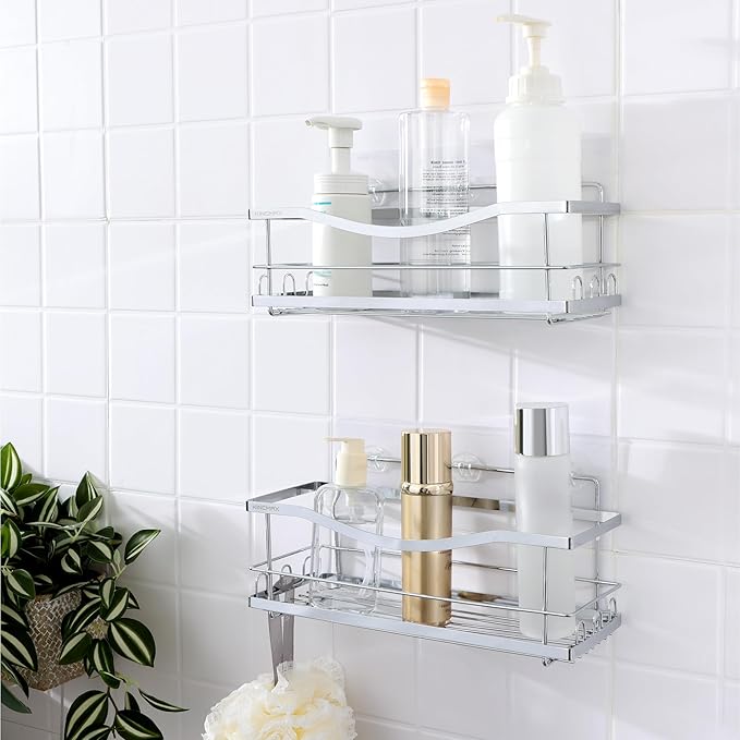 KINCMAX Iron Shower Caddies - Self Adhesive Bathroom Shelves for Showers - Wall Organizer Shampoo Holder Shelf - Peel and Stick On Caddy Bath Tub Rack - Pack of 2 Holders - Silver