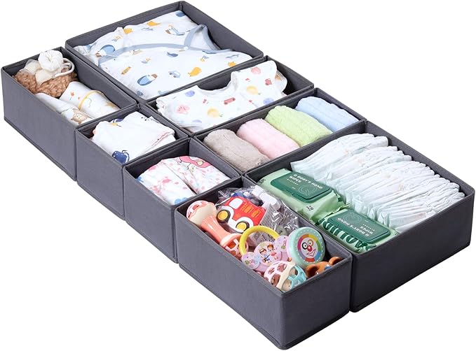 8 Pack Drawer Organizer for Baby Clothes, Foldable & Washable Bins - Perfect for Nursery & Dresser Organization, Grey - Durable Storage Solution for Baby Essentials, Socks,