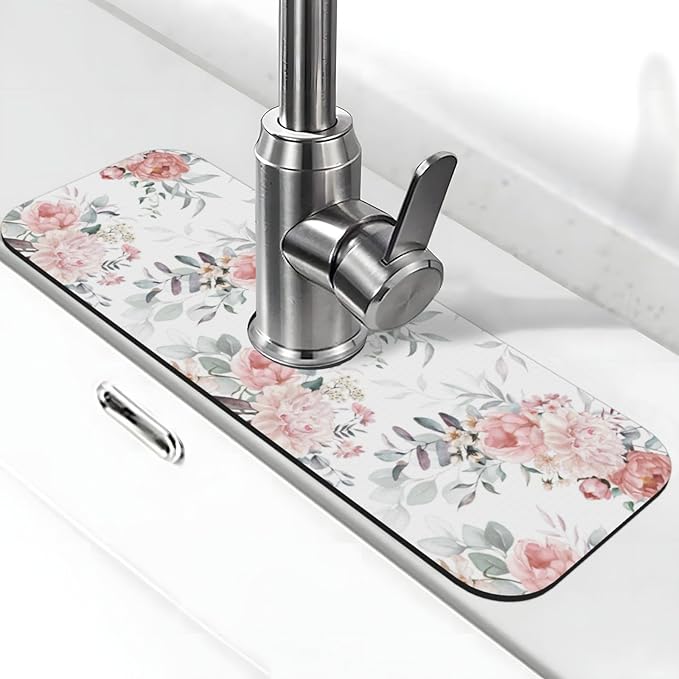 Peony Peonies Pink Flowers Leaves Watercolor Floral Kitchen Sink Splash Guard Faucet Mat Super Absorbent Fast Drying Mat Sink Gadgets-Fast Drying Pad Sink Mat For Kitchen Bathroom (15" X 5.5" )