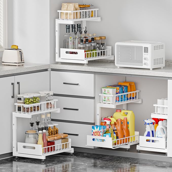 Under Sink Organizer, 2-Tier Premium Metal Pull-Out Racks with Adjustable Height, Heavy Duty Sliding Bin for Bathroom and Kitchen Cabinet Storage, Rust Resistant 2 Pack