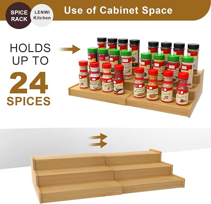 Spice Rack Organizer for Cabinet, 3 Tier Expandable Bamboo Spice Storage for Kitchen Cupboard Pantry