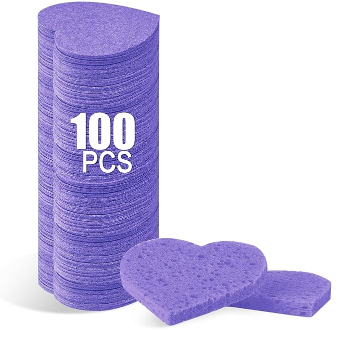 100-Count Compressed Facial Sponges for Estheticians Heart Shape Natural Cellulose Sponge Professional Cosmetic Spa Sponges for Face Cleansing, Massage, Pore Exfoliating, Mask, Makeup Removal, Purple