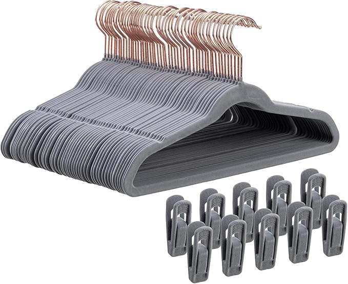 14 Inch Kids Velvet Hangers – 50 Pack | Non-Slip, Space-Saving Closet Hangers for Big Kids & Youth | Durable Felt Hanger with 10 Clips (Gray)