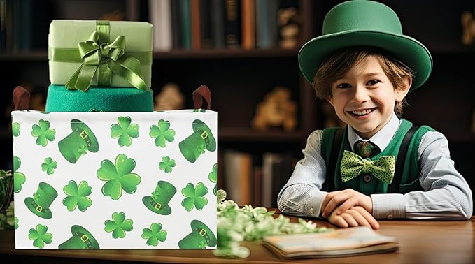 Rectangular Four Leaf Clover Lucky Gift Basket,St. Patrick's Day Toys Storage Bin for Kids,Baby Room Decor(Clover)