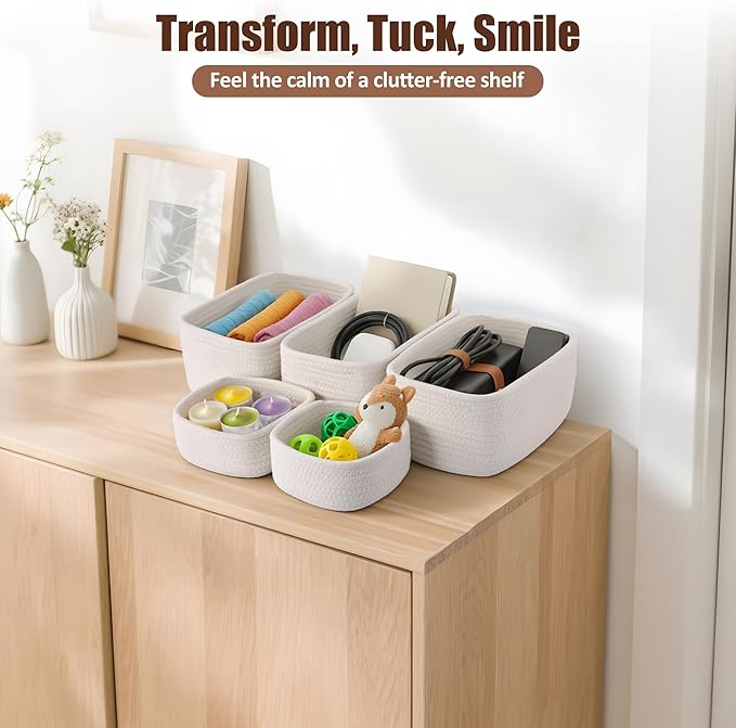 5-Pack Small Woven Rope Storage Baskets – 2 Sizes Organizer Bins for Closet, Shelf, Bookshelf, Nursery, Changing Table, Fabric Cube Boxes, Rectangular Shallow Bins for Bathroom, Toy & Home