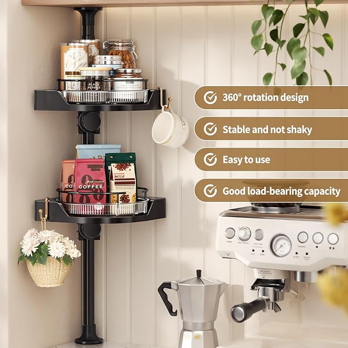2-Tier Corner Spice Rack Organizer – 360° Rotatable, 19.68-43.5" Height Adjustable, 11LBS Load-Bearing with Hooks – Space-Saving for Kitchen Counter/Cabinet Gaps, Tame Seasoning Clutter (Black)